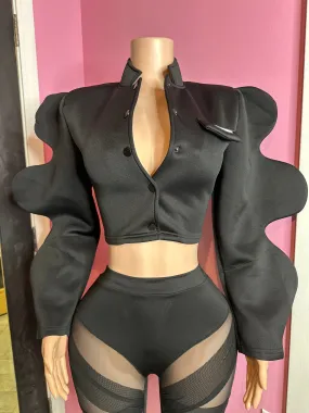 Avant-Garde Black Wavy Sleeve Cropped Scuba Jacket- Black