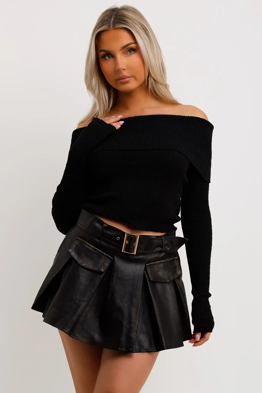 Bardot Jumper With Fold Over Detail Black