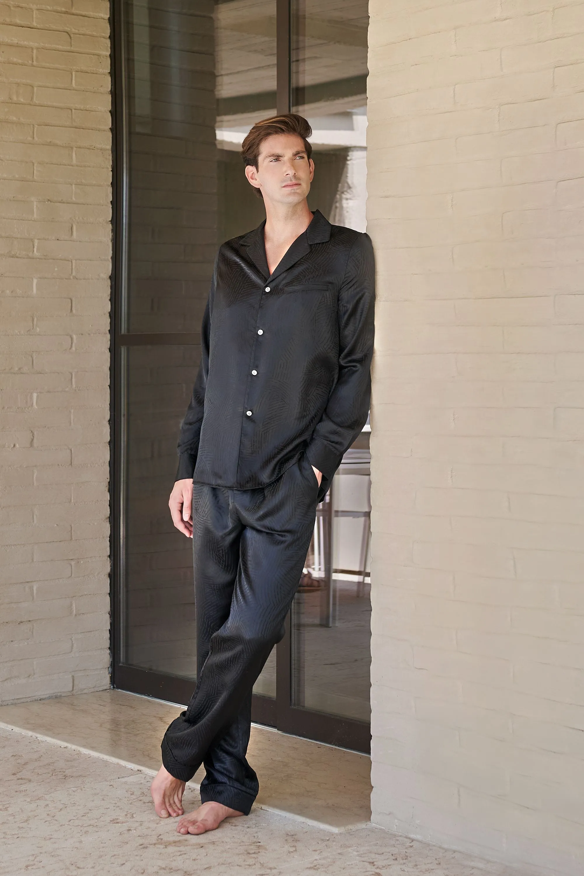 Black Long Sleeve Silk Pyjama Set