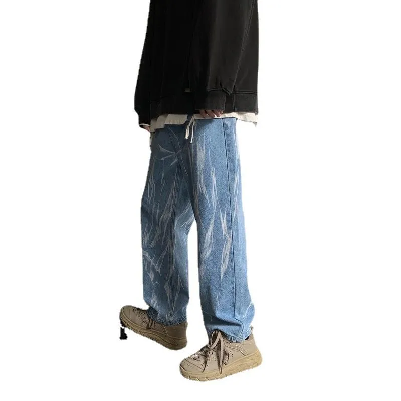 Black tie-dye jeans men's straight chic loose and handsome American oversize pants high street ins tide brand