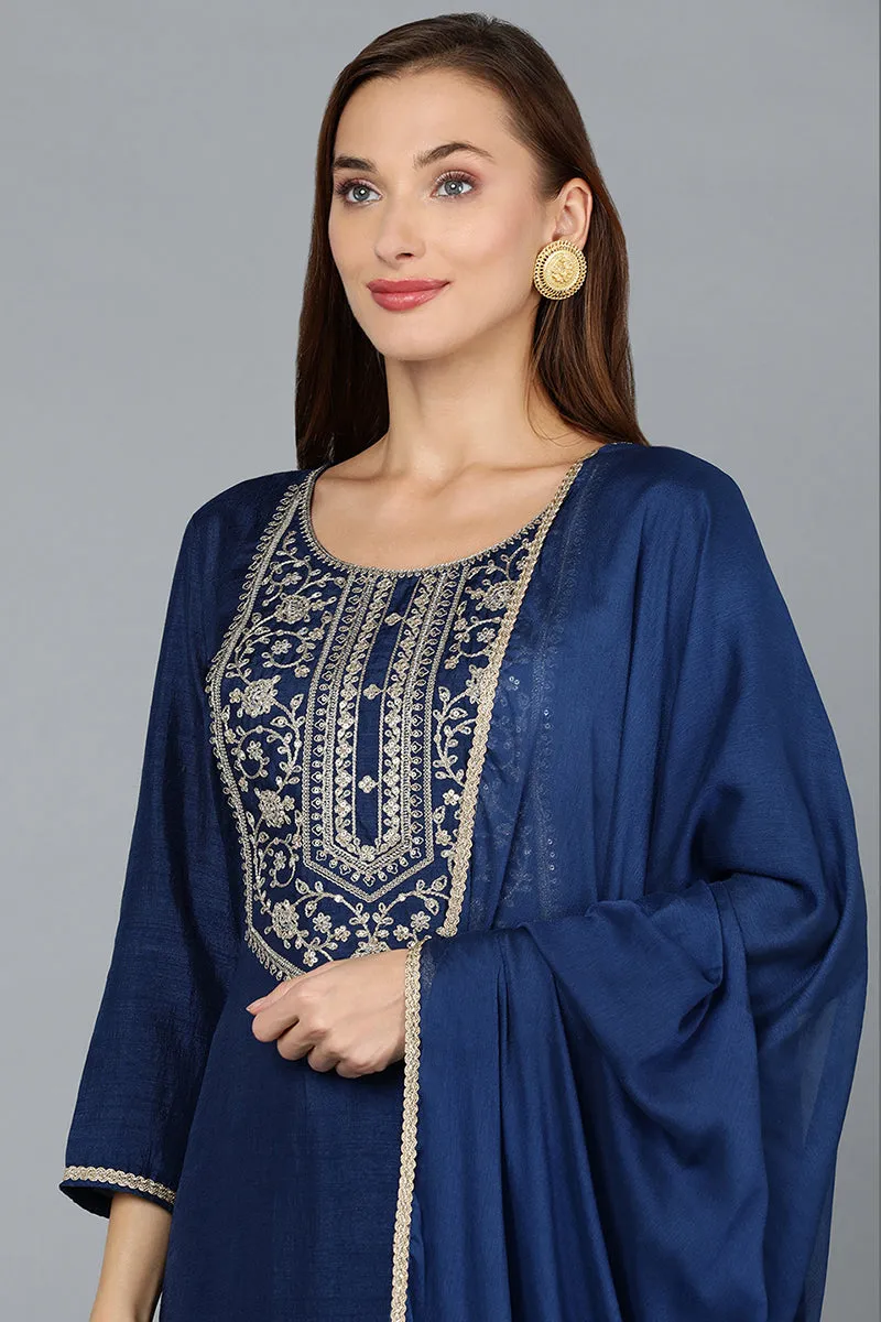 Blue Silk Blend Straight Yoke Design Kurta Pant With Dupatta