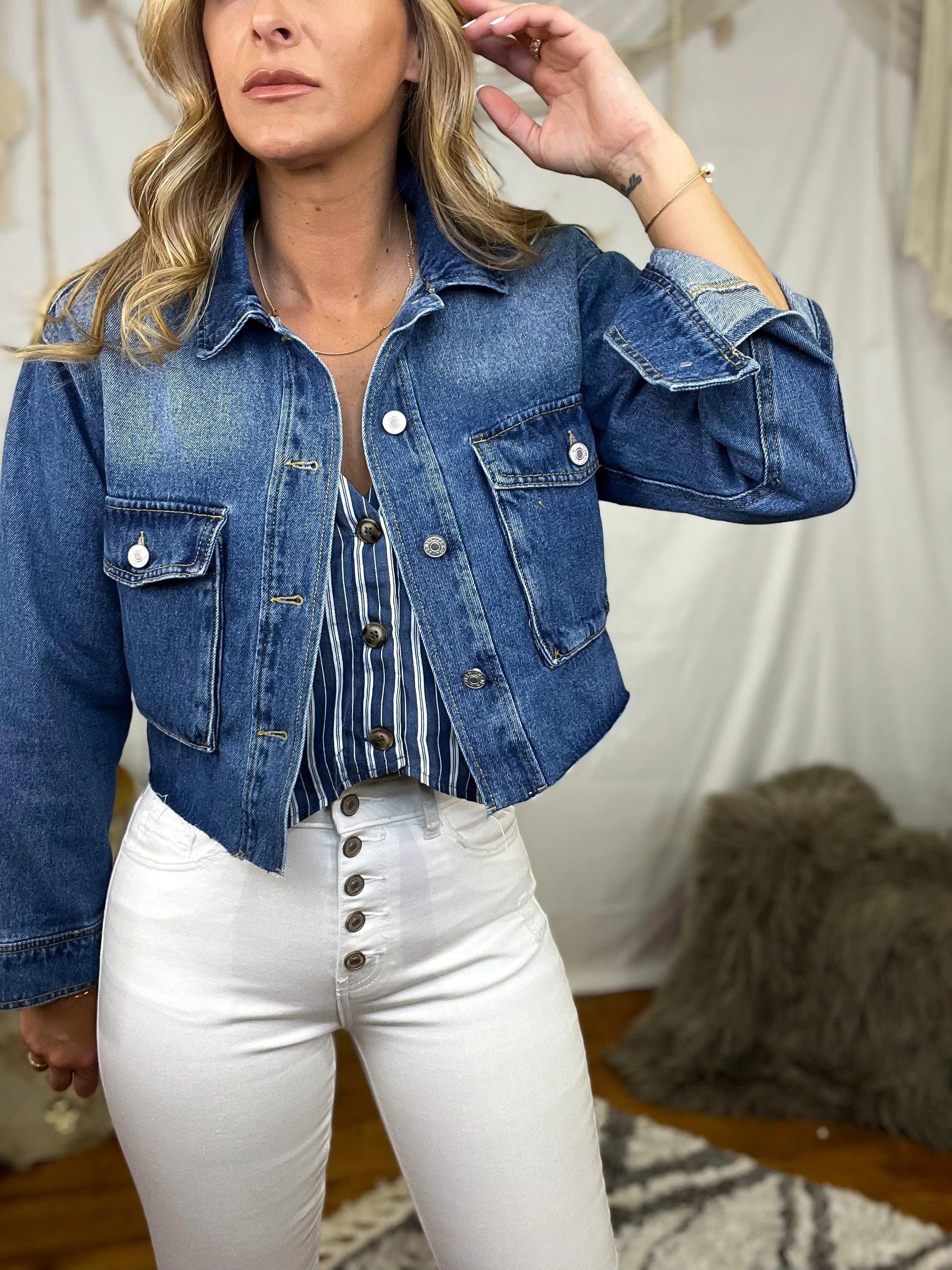 Cropped Patch Pocket Denim Jacket