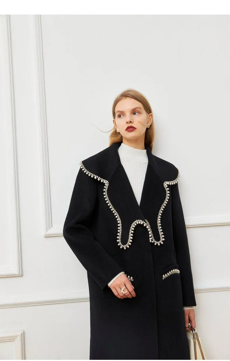 FINAL SALE DPLAY Fall Winter Black Pearl Collar 100% Wool Reversible Jacket coat - Usi