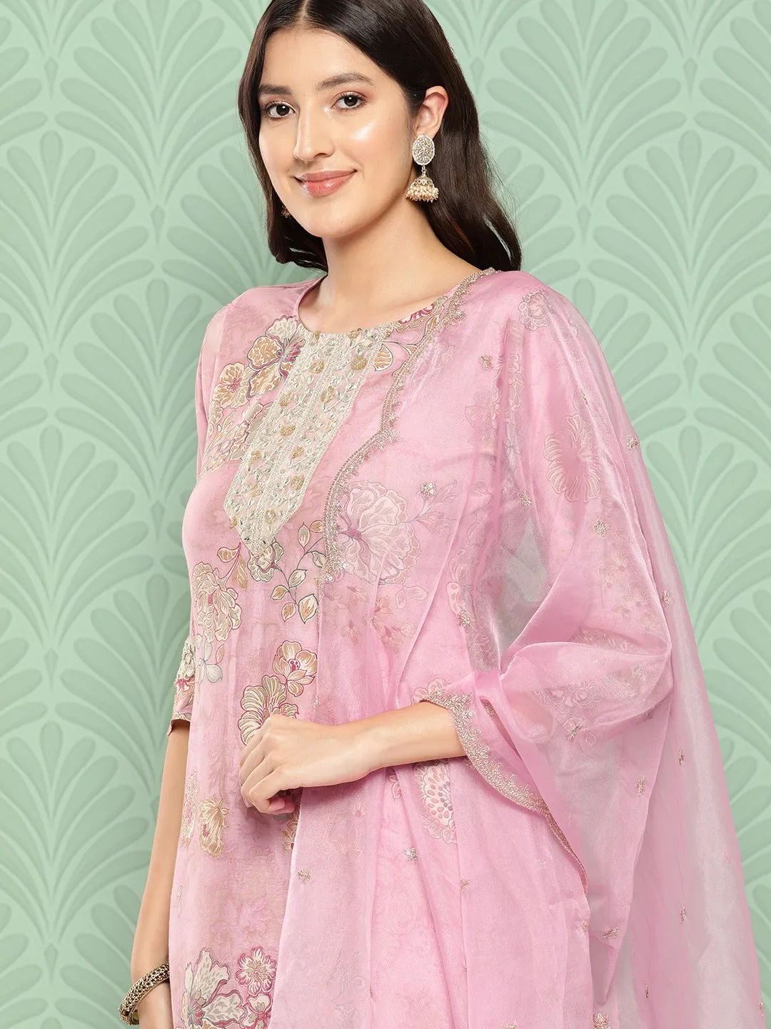 Floral Printed Regular Pure Silk Kurta With Trousers & With Dupatta
