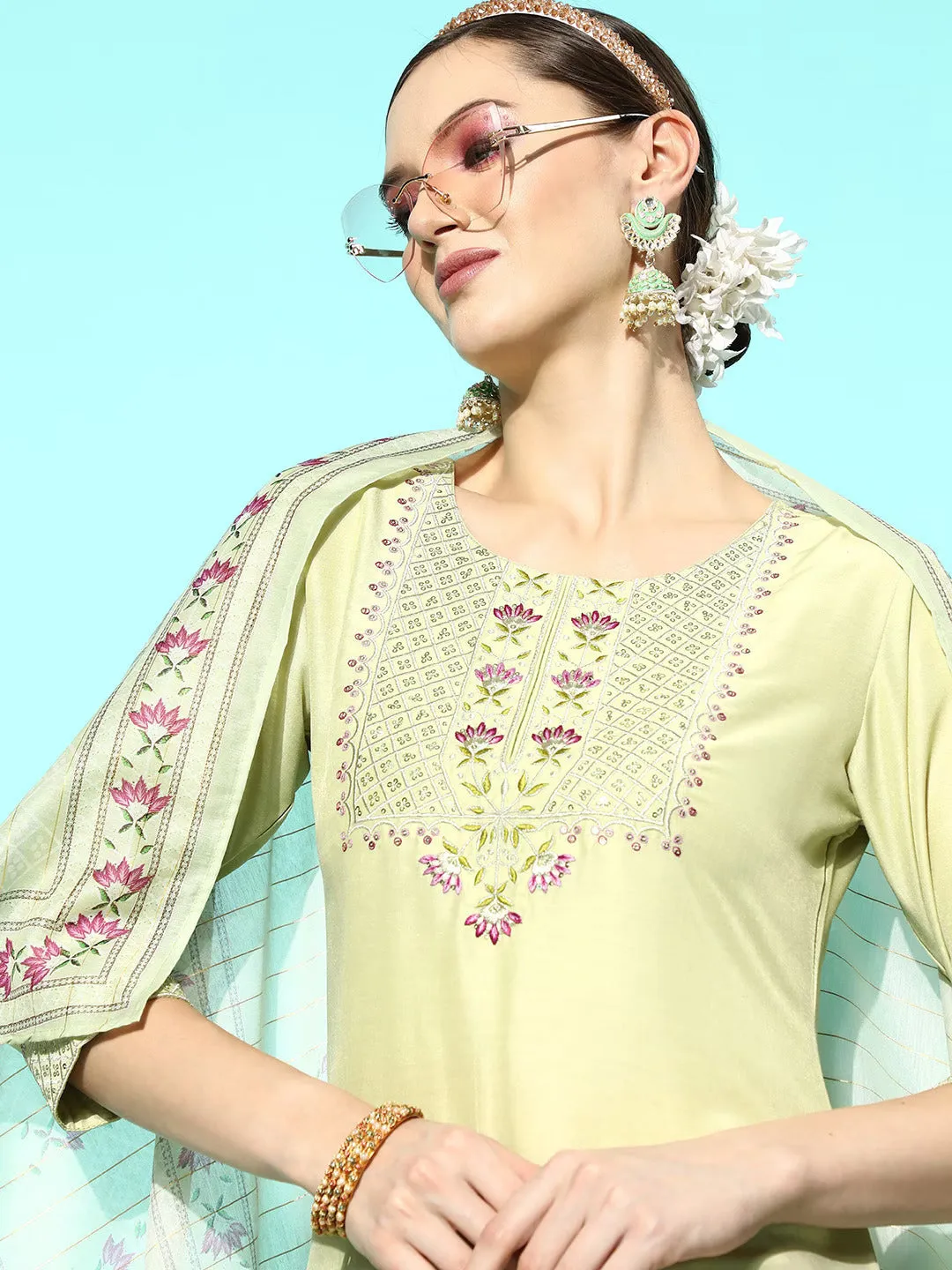Green Sequinned Kurta Dupatta Set