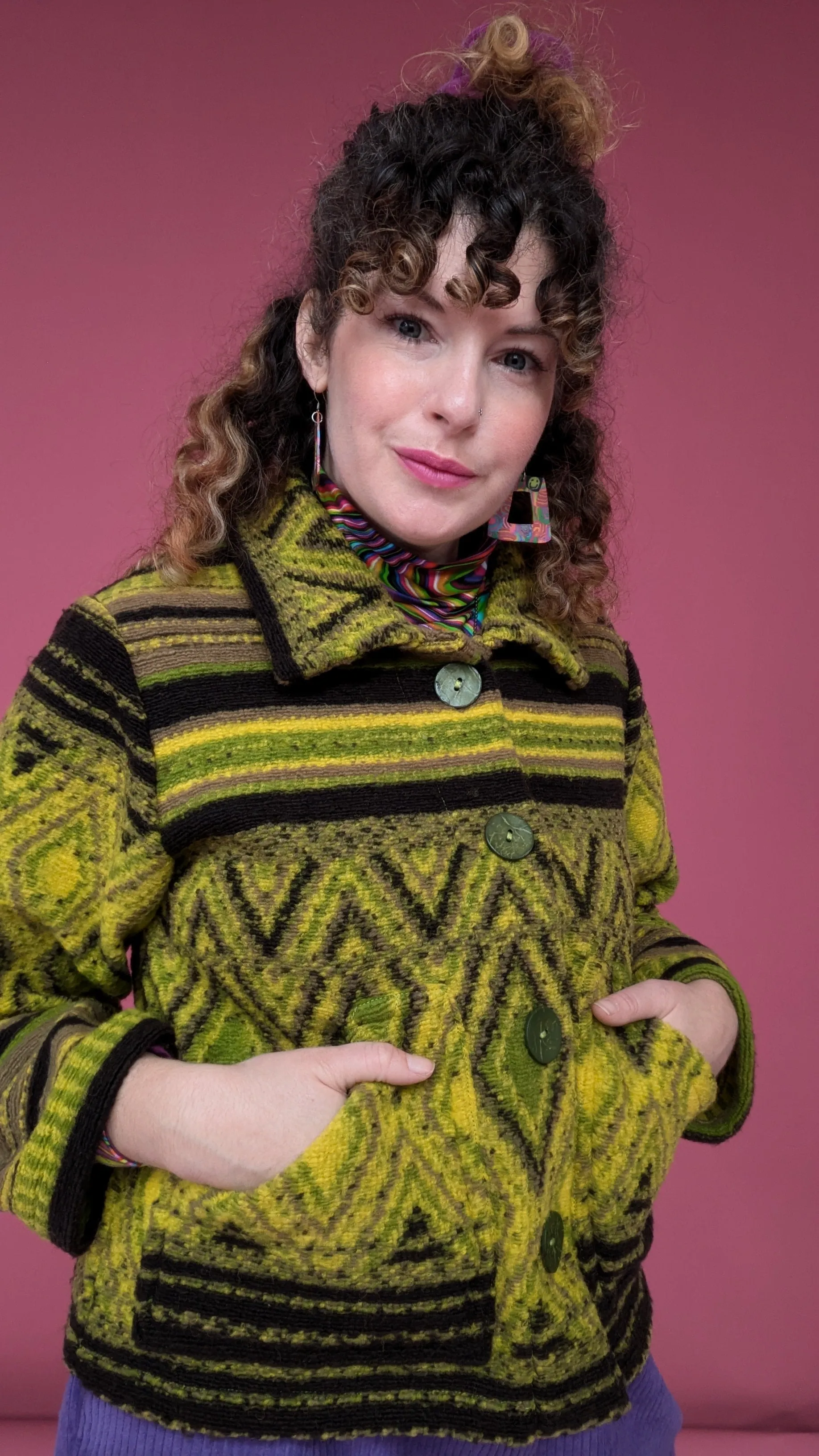 Knitted Box Jacket in Olive Diamond