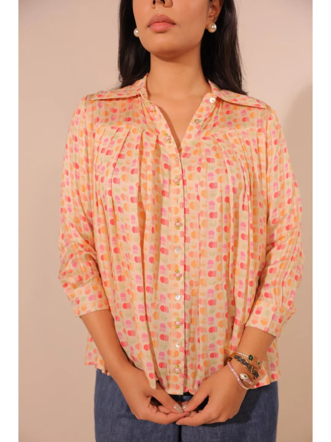 moss crepe printed full sleeve top,yoke hand embellished pleated shirt collar with cuff - Multi