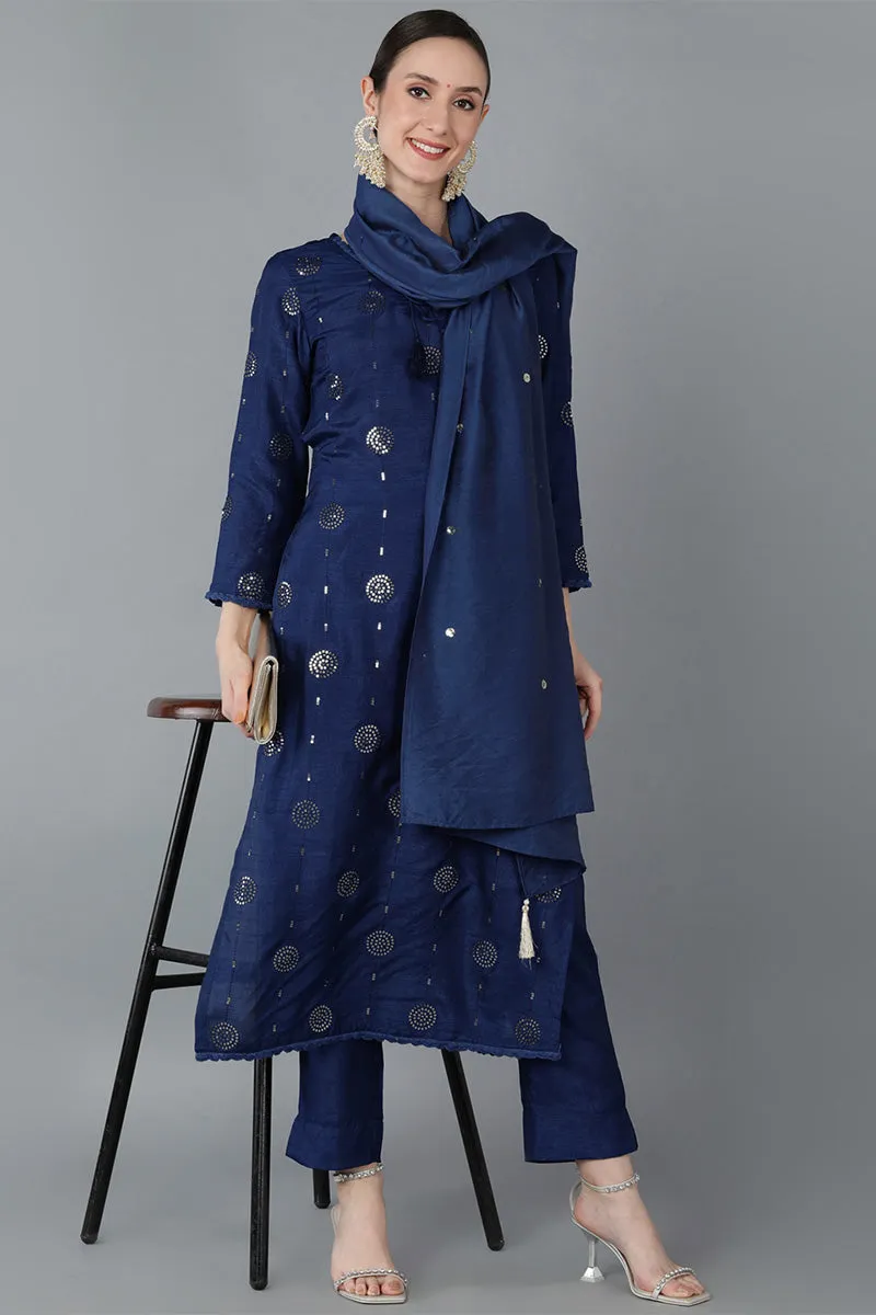 Navy Blue Silk Blend Solid Kurta Trousers With Dupatta