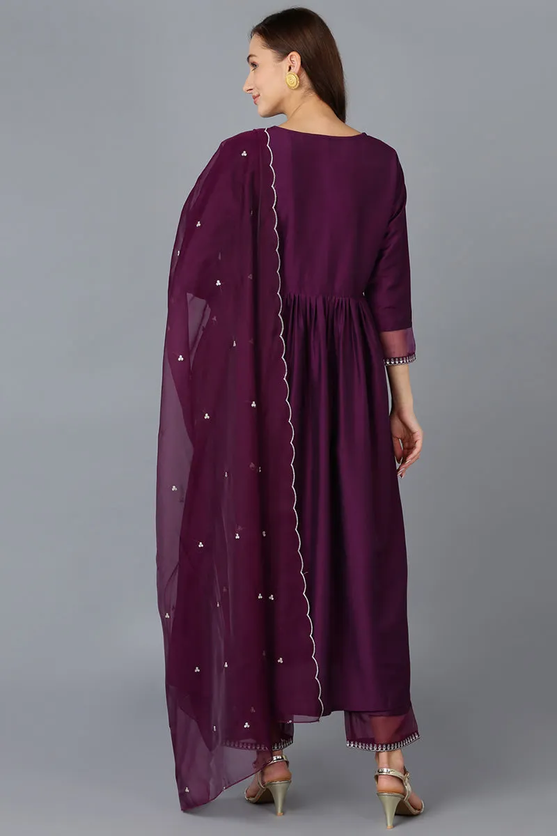 Purple Silk Blend Solid Straight Kurta Trousers With Dupatta