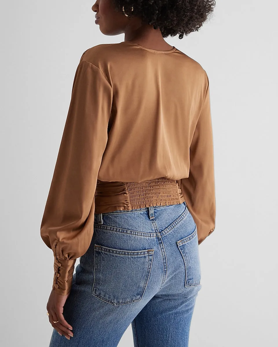 Satin V-Neck Balloon Sleeve Faux Wrap Top in Pecan