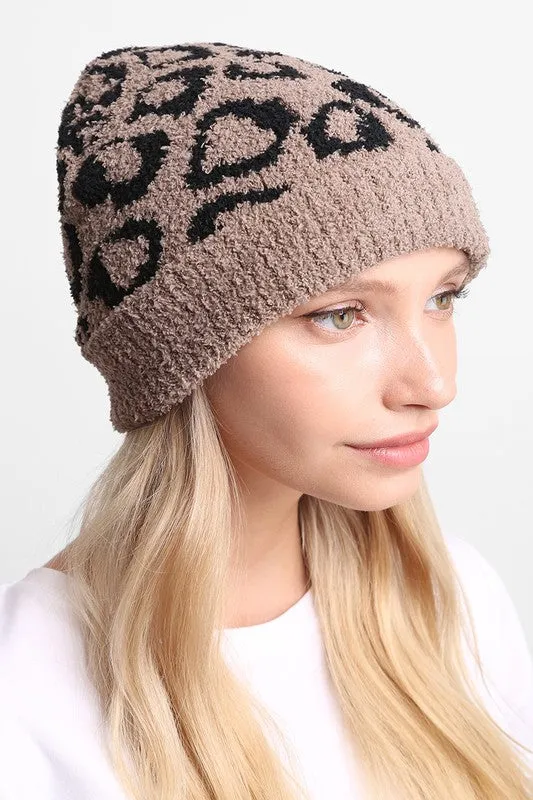 Winter Leopard Print Ribbed Cuff Beanie Hat