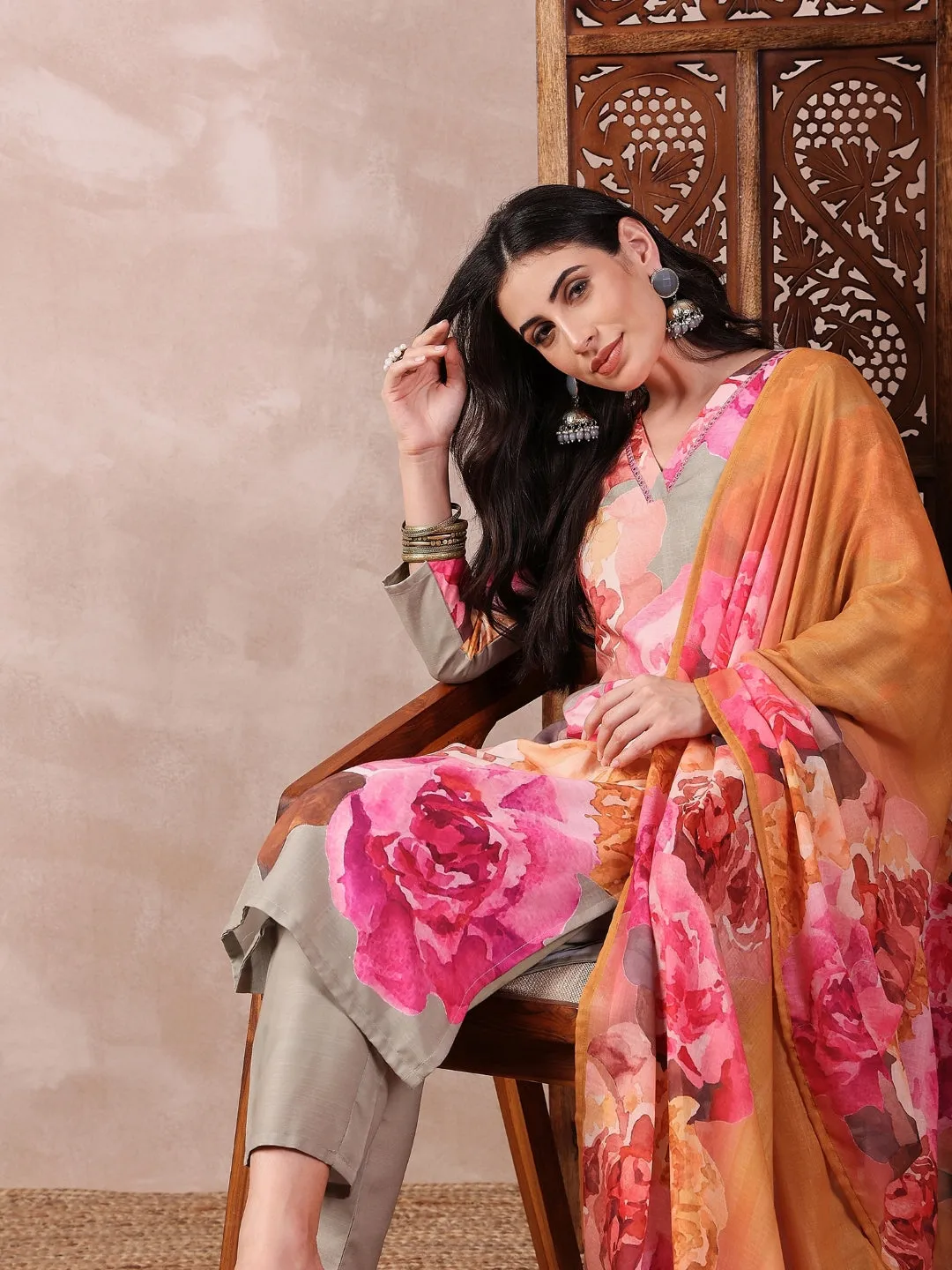 Women Olive Silk Blend Floral Printed Straight Kurta Trouser With Dupatta