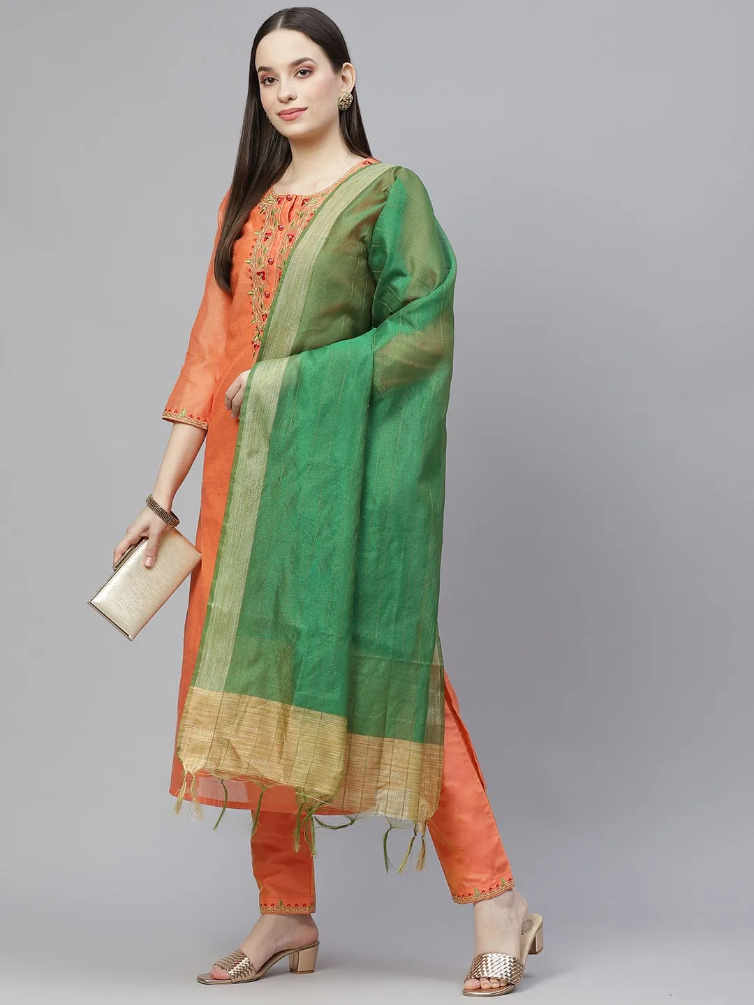 Women Orange & Green Ethnic Yoke Design Kurta With Trousers & With Dupatta