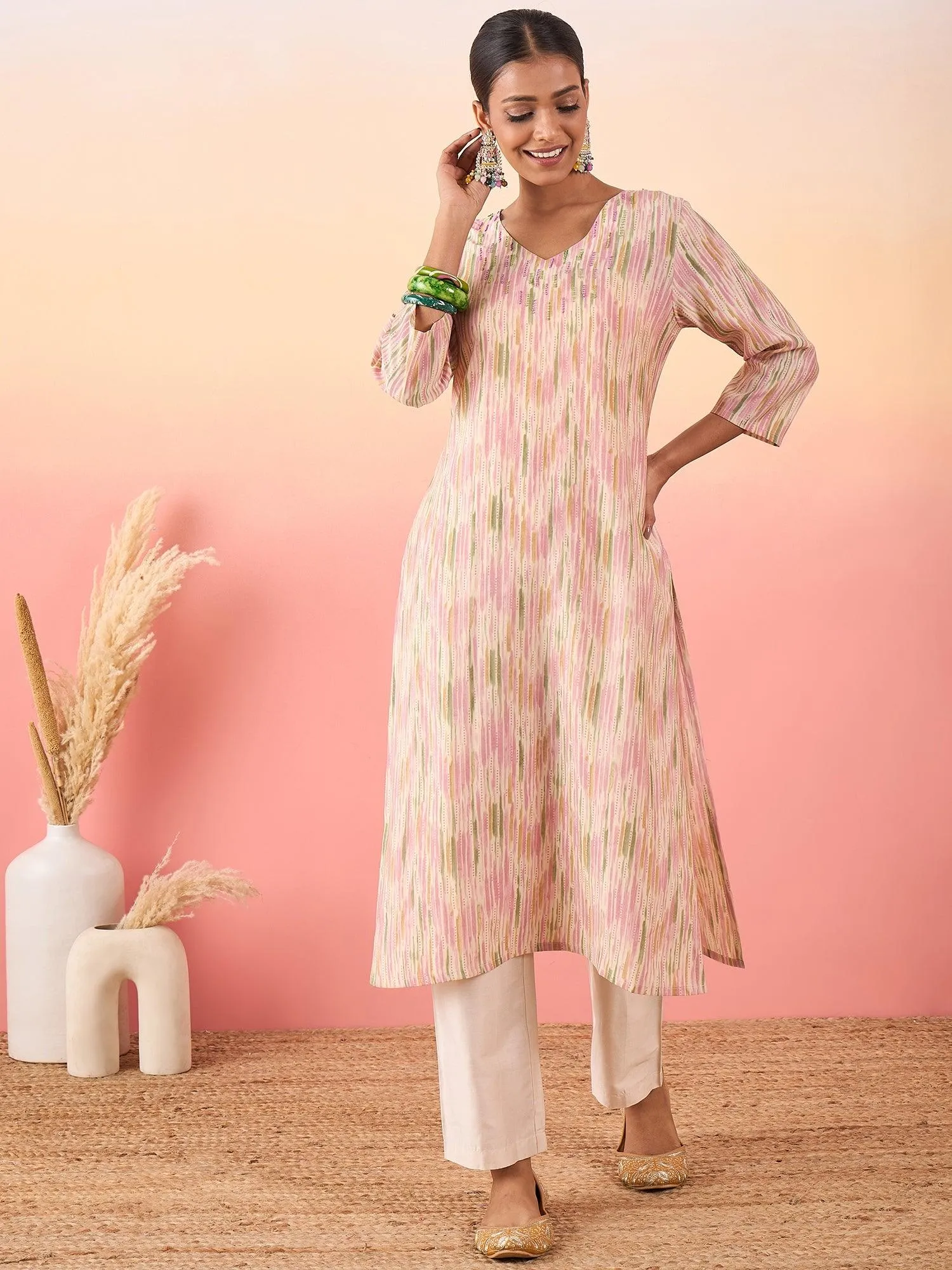 Women Printed Regular Beads and Stones Chanderi Silk Kurta with Trousers