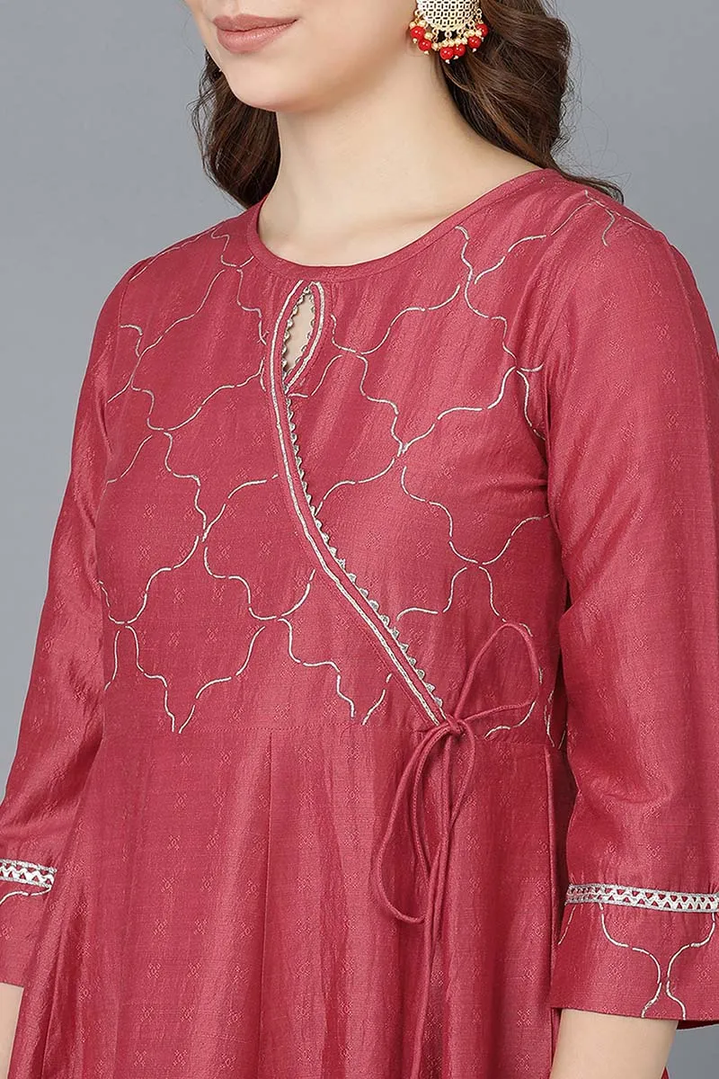 Women Red Poly Silk Embroidered Kurta Trousers With Dupatta