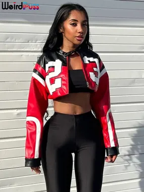 Women's Faux Leather Hipster Letter Print Crop Jacket